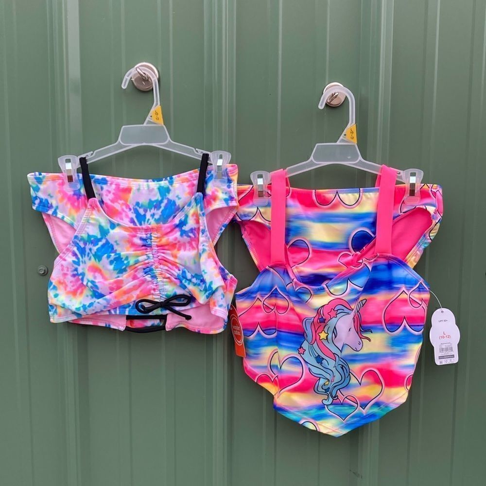 Girls Tie Dye Printed & Unicorn Bikini Swimsuit Bathing Suit 2-Pack Size L 10/12